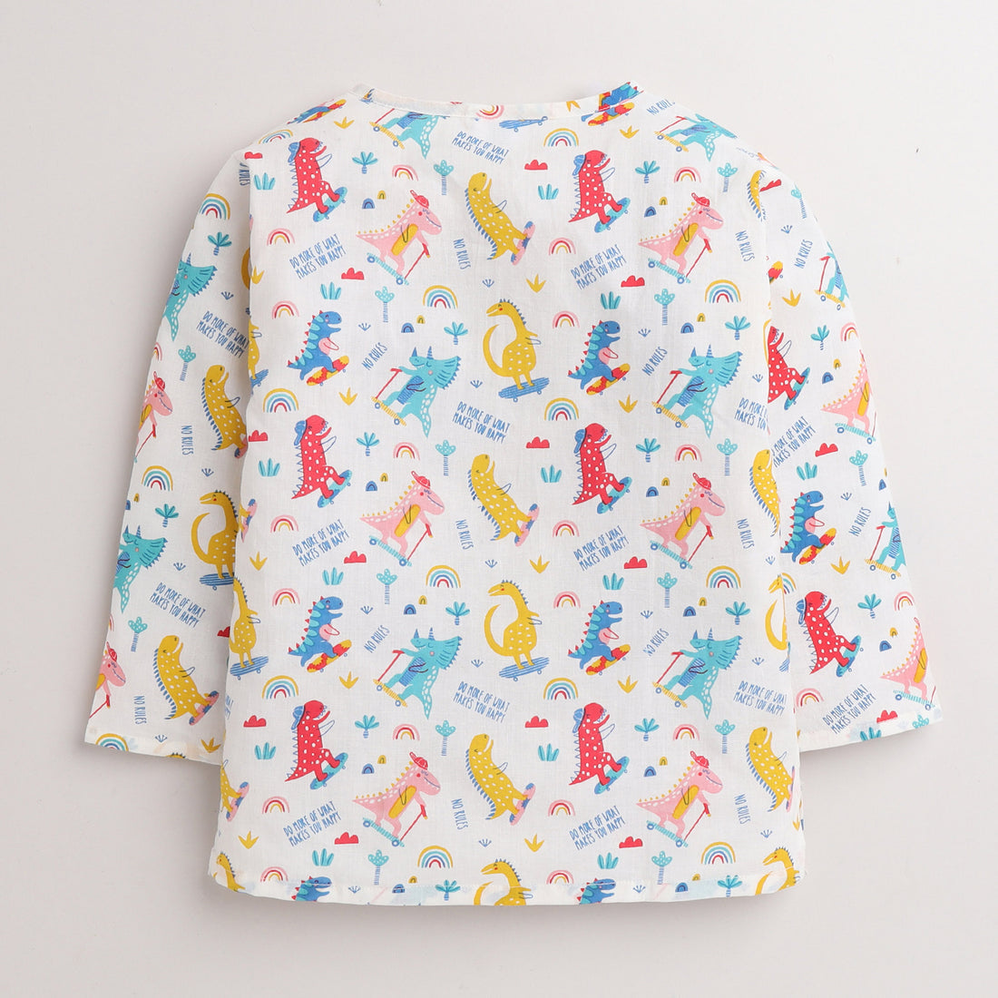 Polka Tots Full Sleeves Baby Night Wear Dinosaur Kurta Pyjama - White - Laadlee