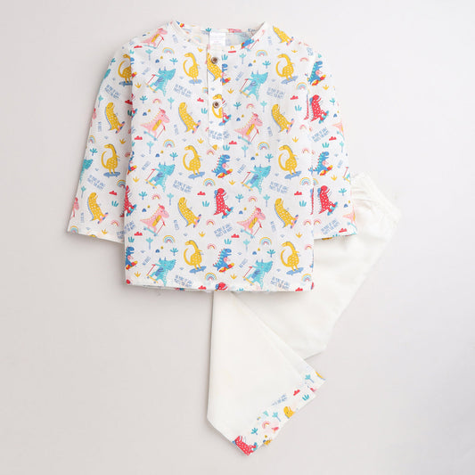 Polka Tots Full Sleeves Baby Night Wear Dinosaur Kurta Pyjama - White