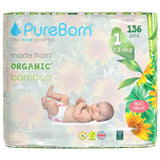 PureBorn Organic Bamboo Ultra Soft (Up To 5Kg) Nappies Size 1 Sunflower Print - 136 Pcs