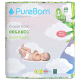PureBorn Organic Bamboo Ultra Soft (Up To 5Kg)  Nappies Size 1 Clouds Print - 68 Pcs