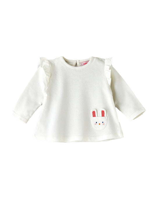 Jelliene Baby Top with Bunny Pocket and Ruffles - White