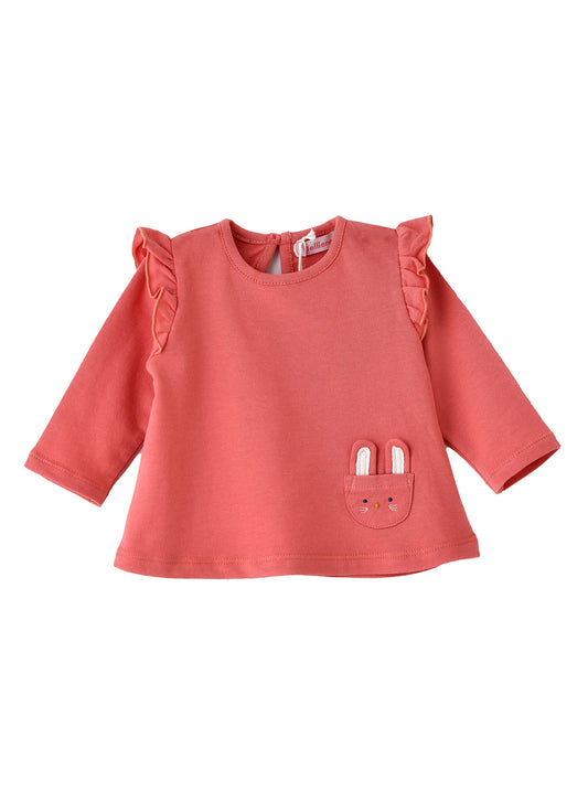 Jelliene Baby Top with Bunny Pocket and Ruffles - Coral