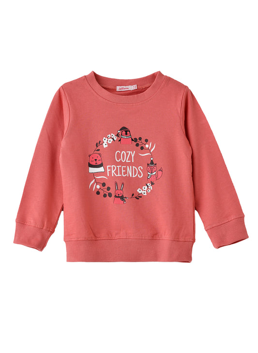 Jelliene Girls Sweatshirt Cozy Friends Print - Coral