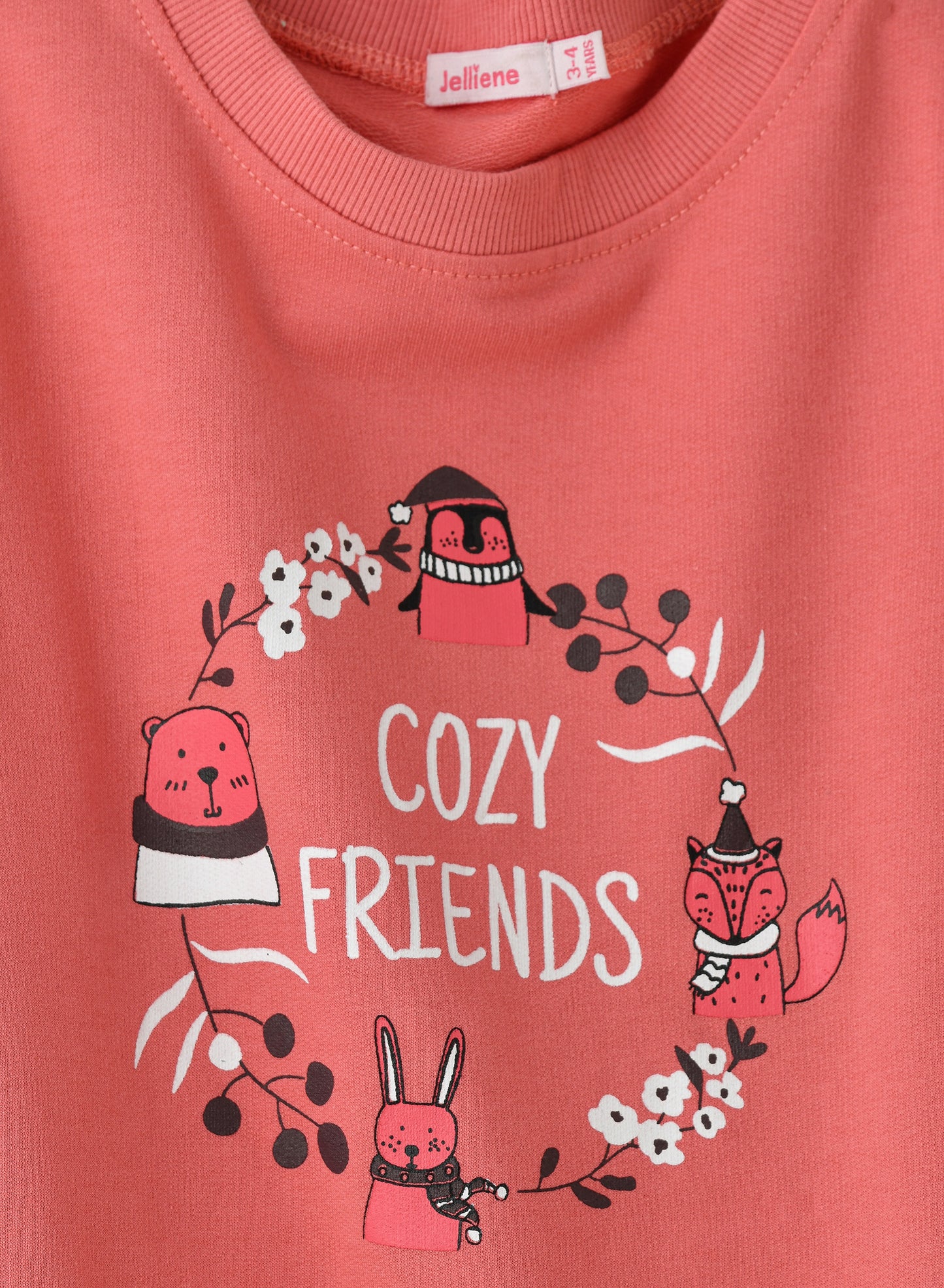 Jelliene Girls Sweatshirt Cozy Friends Print - Coral