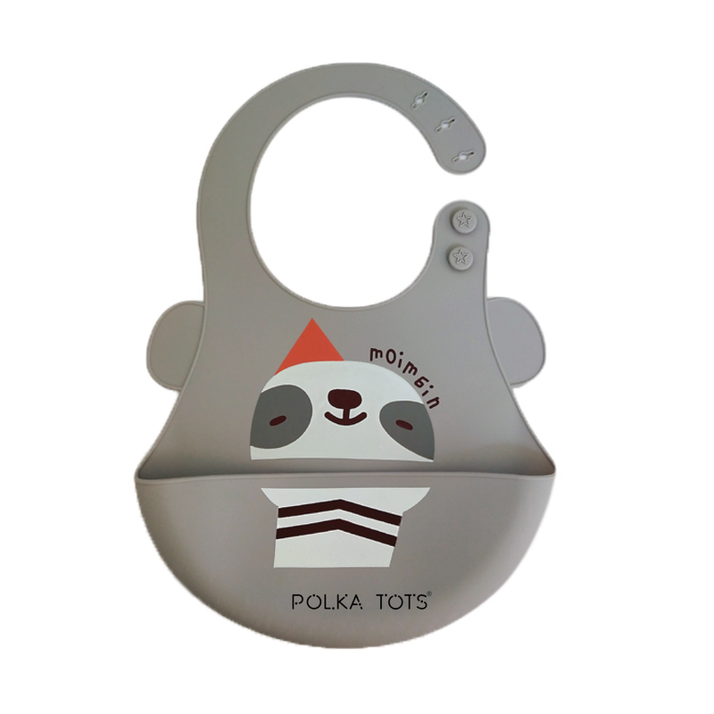 Polka Tots Waterproof Silicone Bibs with Pocket and Adjustable Snaps - Sloth - Laadlee