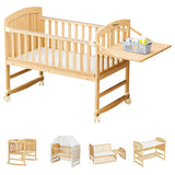 Teknum 7-in-1Convertible Kids Bed & Bedside Crib With Mattress, Mosquito Net & Detachable Wheels - Natural Wood