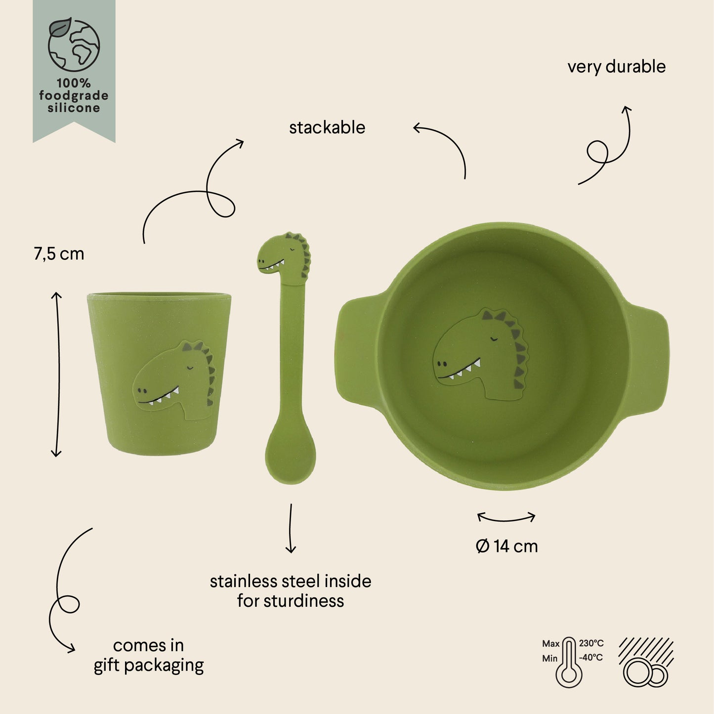 Trixie Silicone First Meal Set (Bowl, Spoon & Cup) - Mr. Dino