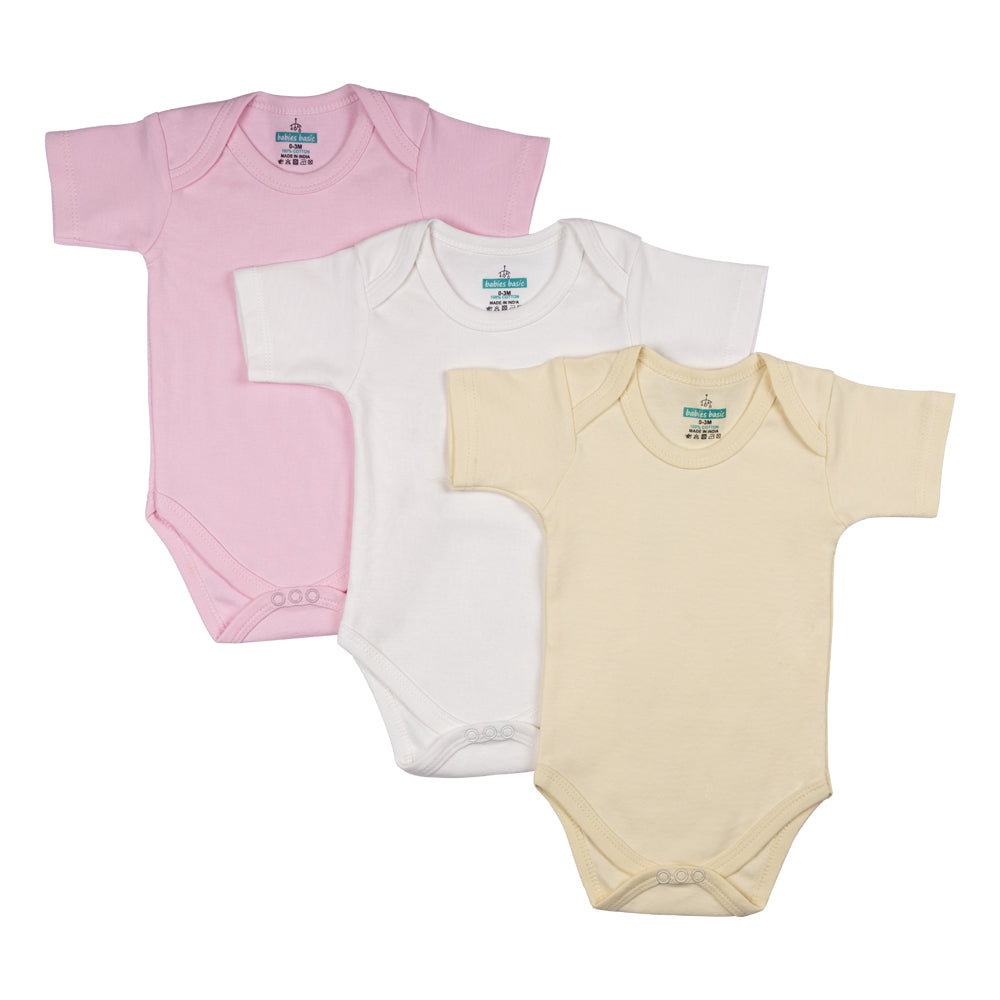 Babies Basic Short Sleeves Romper Bodysuit Pack of 3 - Pink, Lemon And Cream