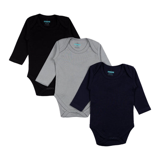 Babies Basic Long Sleeves Romper Bodysuit Pack of 3 - Black, Navy And Grey