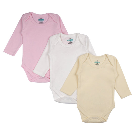 Babies Basic Long Sleeves Romper Bodysuit Pack of 3  - Pink, Lemon And Cream