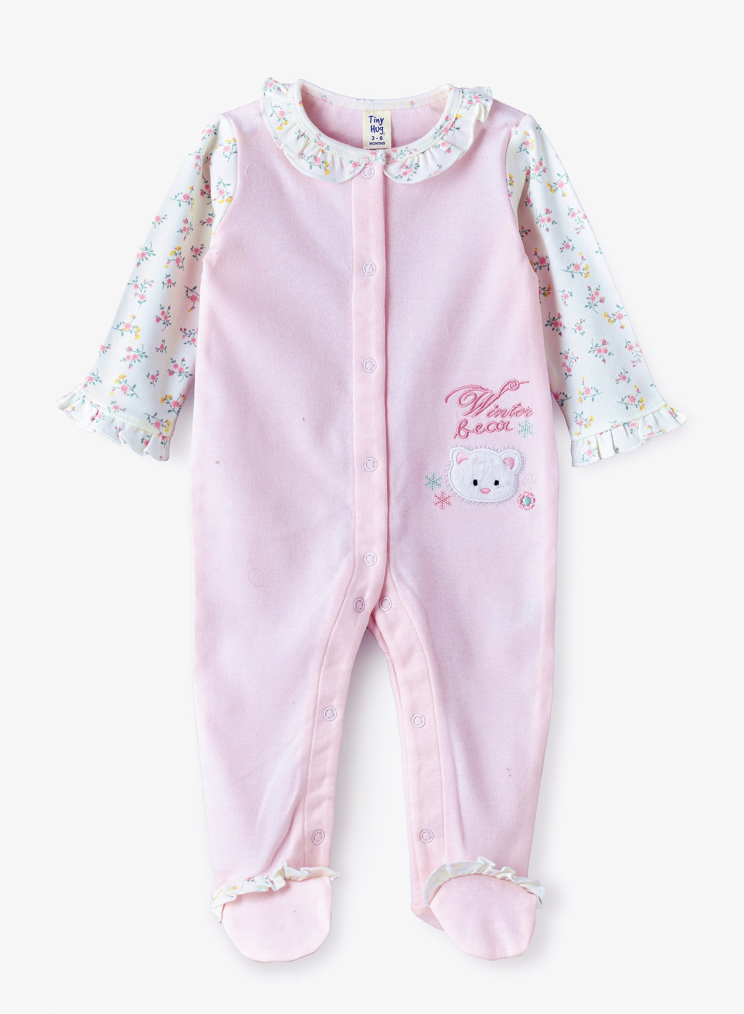 Tiny Hug Baby Girls Cotton Knit Sleepsuit - Floral Pink