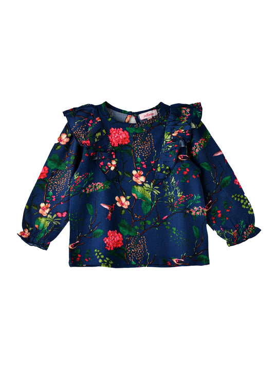 Jelliene Girls Floral Ruffle Detail Long-Sleeve Top - Blue