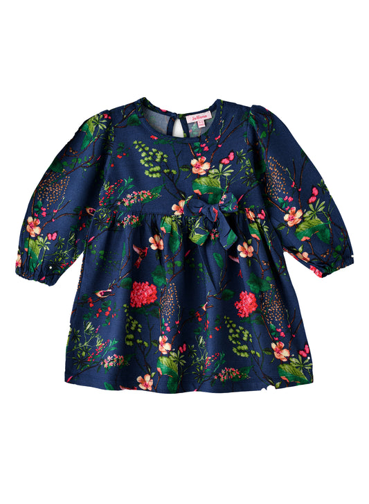 Jelliene Girls Floral Print Long-Sleeve Dress with Bow - Blue