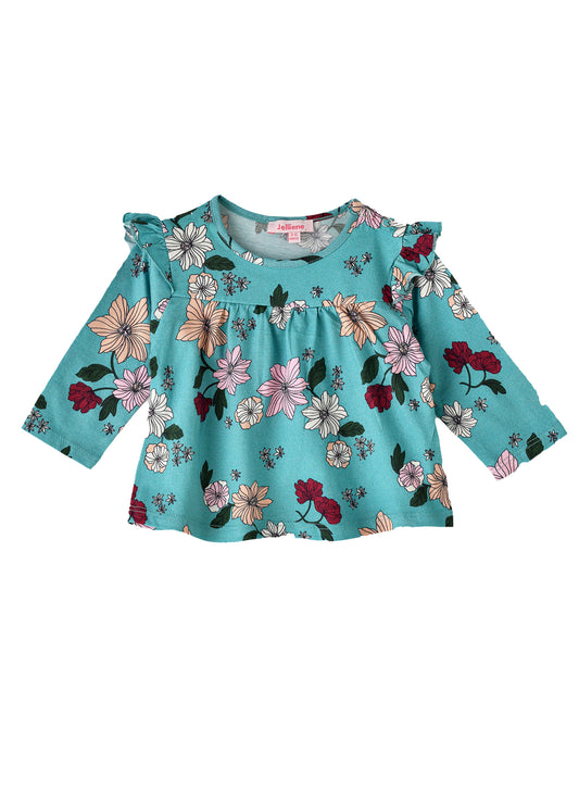 Jelliene Girls Floral Print Long-Sleeve Top - Aqua