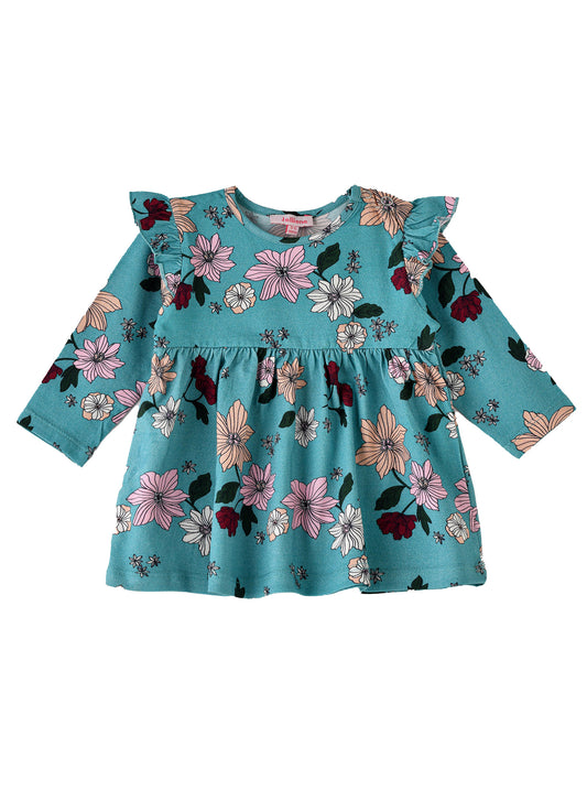 Jelliene Girls Floral Ruffle Long Sleeve Dress - Green