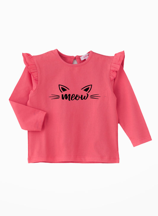 Jelliene Meow Graphic Cozy Knit T-Shirt for Girls - Pink