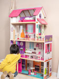 Little Angel Kids Wooden Multi-Level Dollhouse Pretend Play Set - Pink