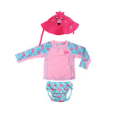 Zoocchini Baby Swim Set -Rash Guard Top, Swim Diaper & Sun Hat - Flamingo