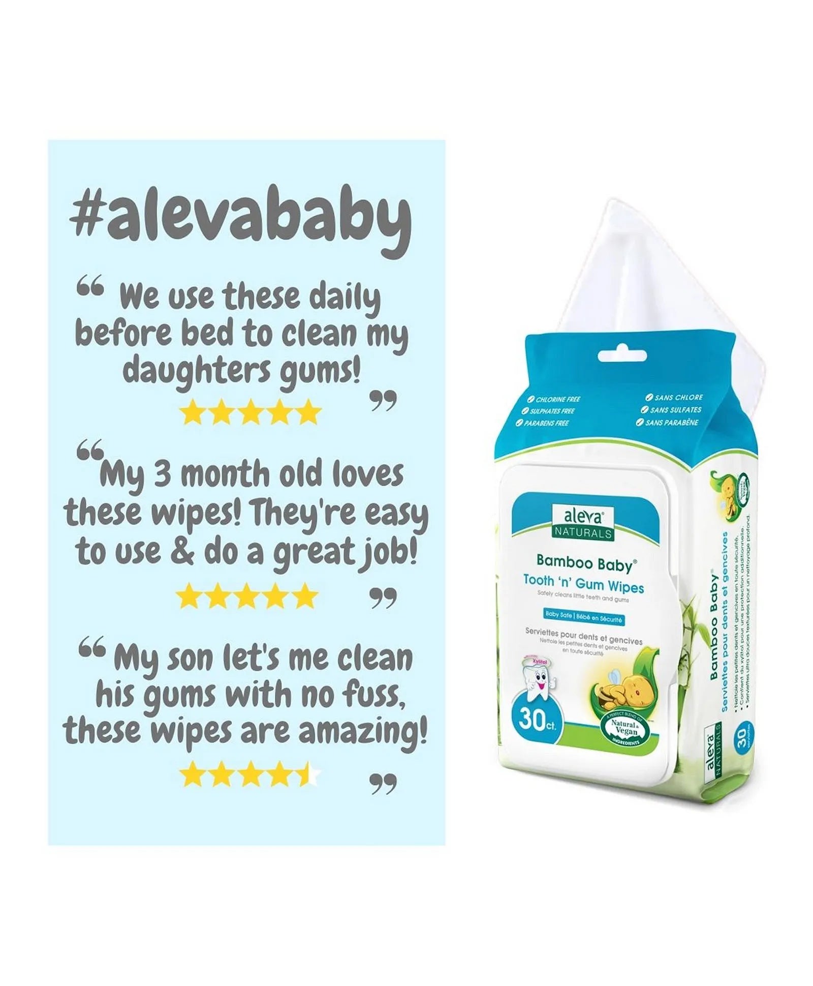 Aleva Naturals Bamboo Baby Specialty Tooth 'N' Gum Wipes - 30ct - Laadlee