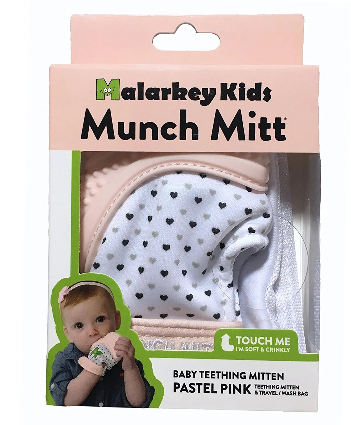 Malarkey Kids Munch Mitt Teething Mitten Hearts - Pastel Pink - Laadlee