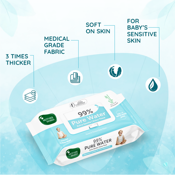 Mother Sparsh 99% Pure Water Baby Wipes - 72pcs (Pack of 8) - Laadlee