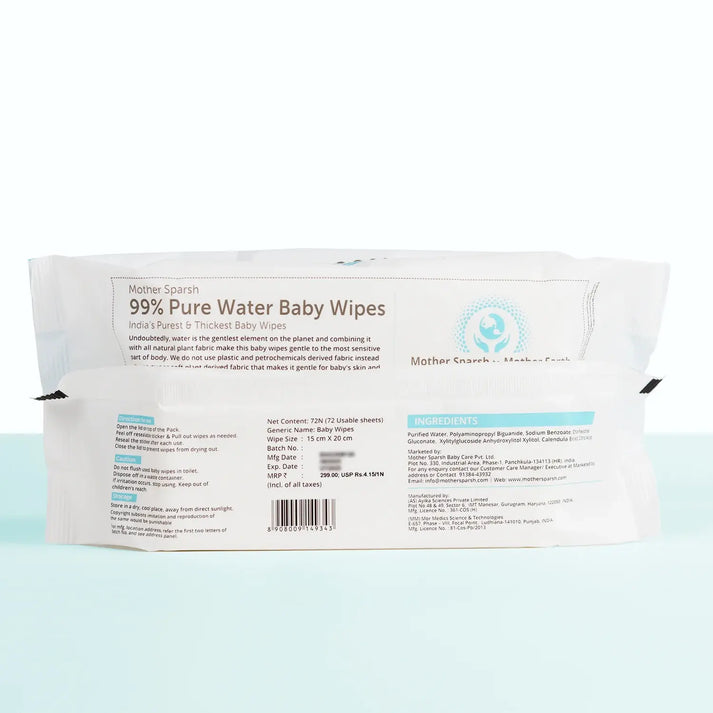 Mother Sparsh 99% Pure Water Baby Wipes - 72pcs (Pack of 8) - Laadlee