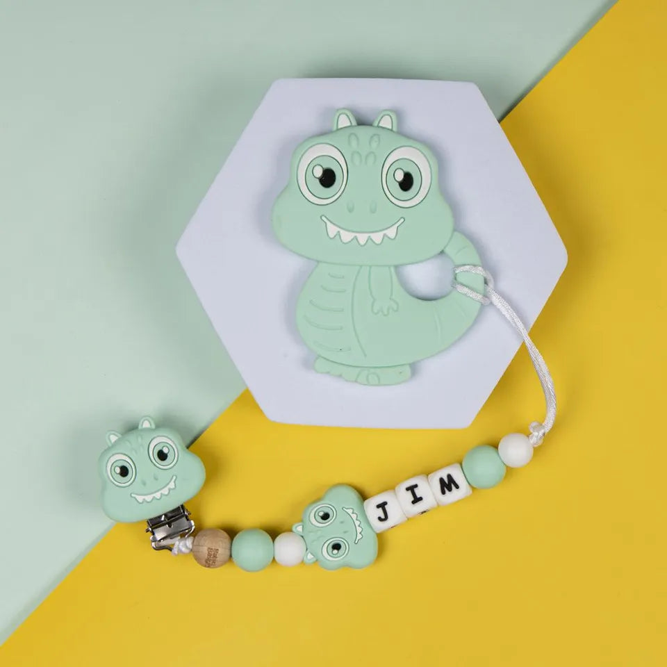 Babies Basic Customized Dino Pacifier Clip - Mint