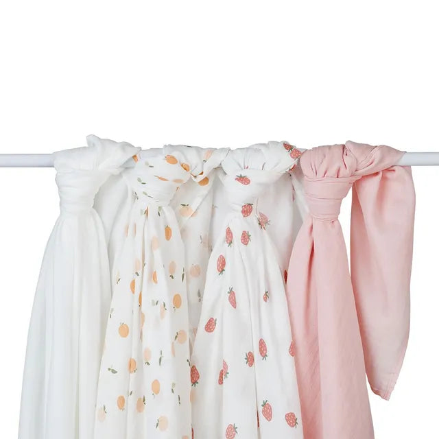 Lulujo 4-Pack Bamboo Muslin Swaddle Blankets - Berries & Peaches