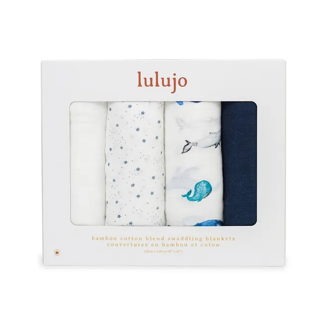 Lulujo 4-Pack Bamboo Muslin Swaddle Blankets - Whales & Stars