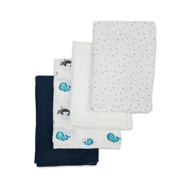 Lulujo 4-Pack Bamboo Muslin Swaddle Blankets - Whales & Stars