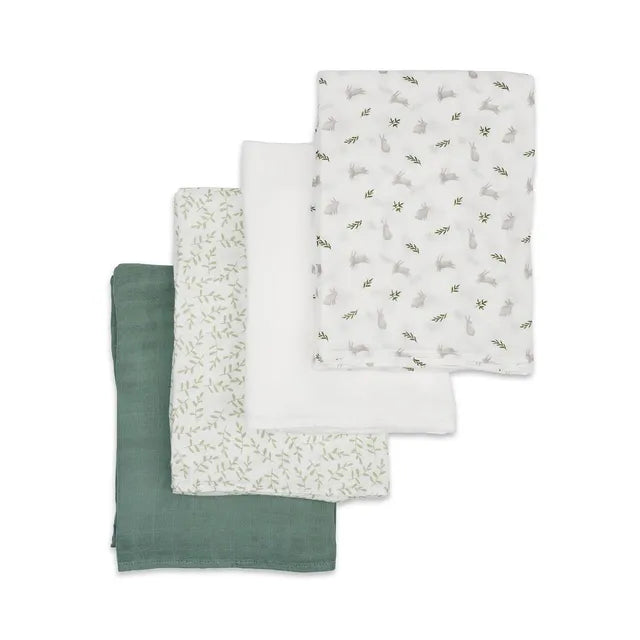 Lulujo 4-Pack Bamboo Muslin Swaddle Blankets - Bunnies & Fern