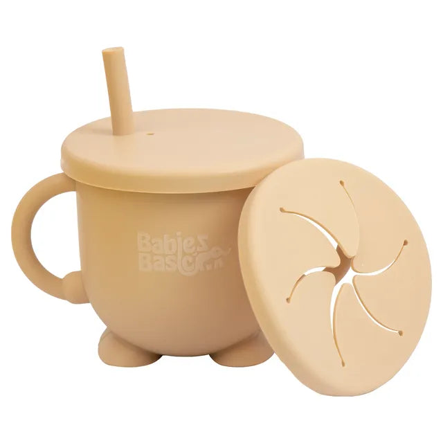 Babies Basic 2 In 1 Silicone Cup with Straw Or A Snack Lid - Beige