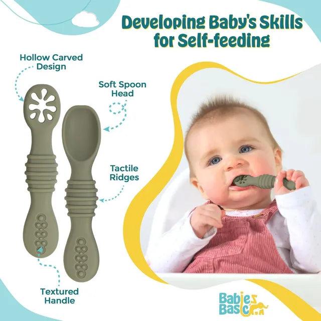 Babies Basic Silicone First Stage Training Spoon with Masher - Bottle Green