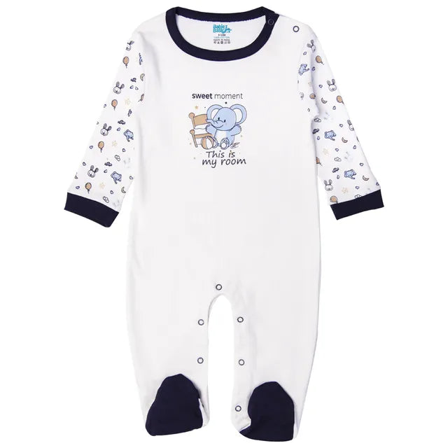 Babies Basic Long Sleeves Sleepsuit for Babies - White & Dark Blue