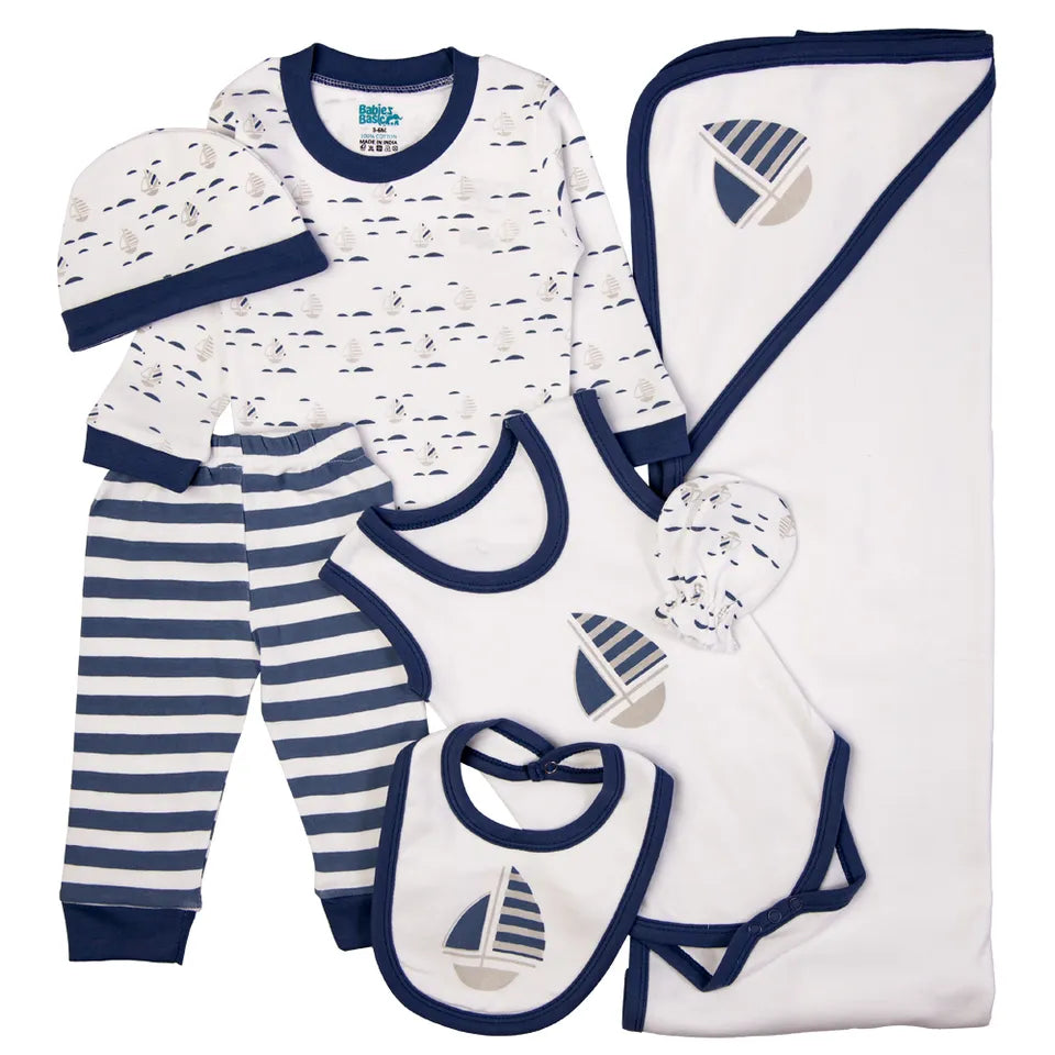 Babies Basic Gift Set - 7pcs - White & Dark Blue