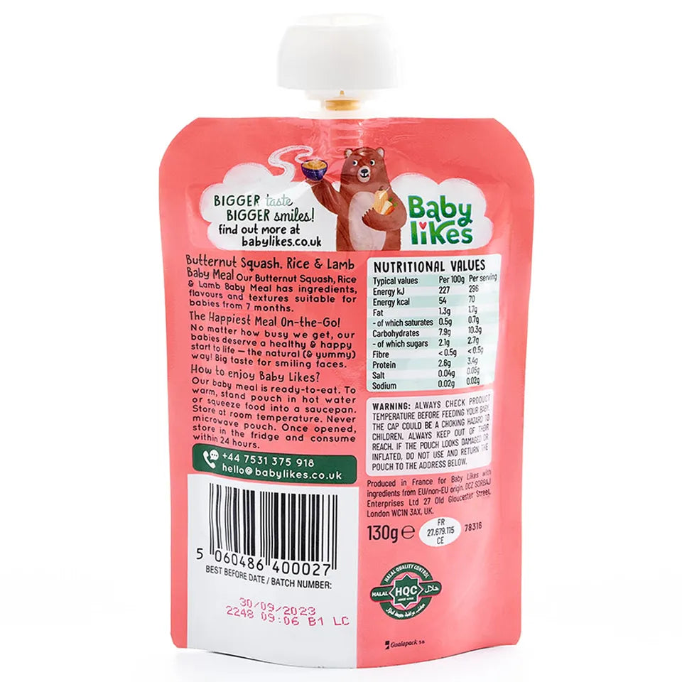 Babylikes Butternut Squash, Rice & Lamb Organic Puree - 130gm