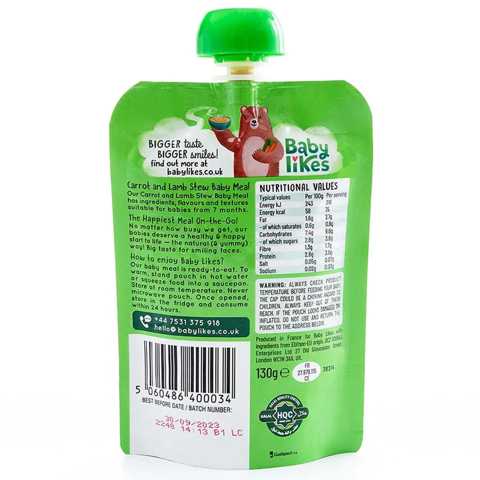 Babylikes Carrot & Lamb Stew Organic Puree - 130gm - Laadlee