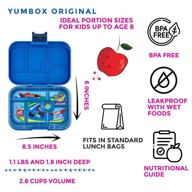 Yumbox Original 6 Compartment Race Cars Lunch Box - Surf Blue