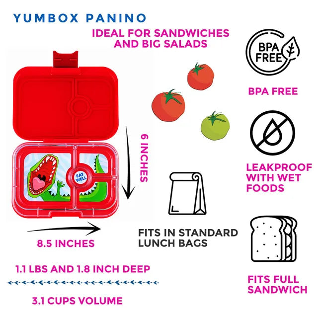 Yumbox Panino 4 Compartment Dinosaur Lunch Box - Wow Red