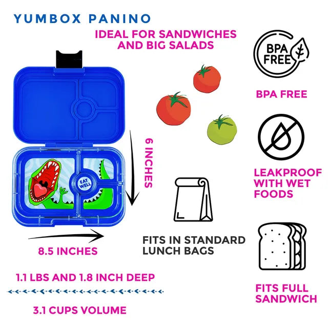 Yumbox Panino 4 Compartment Dinosaur Lunch Box - Surf Blue