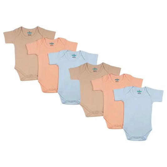 Babies Basic Short Sleeves Romper Bodysuit Pack of 6 - Blue, Orange And Brown