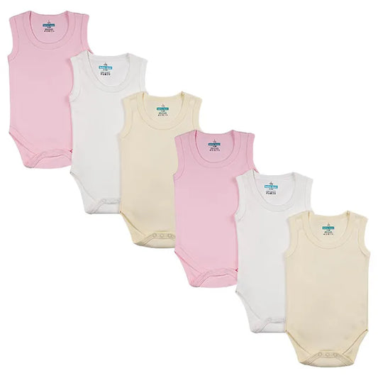 Babies Basic Sleeveless Romper Bodysuit Pack of 6 - Pink, Lemon And Cream