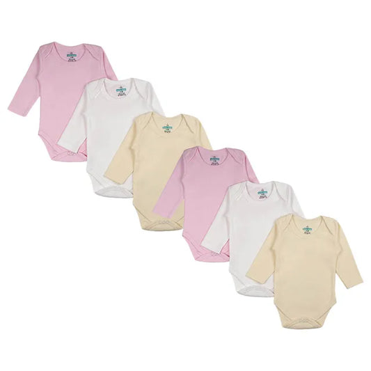 Babies Basic Long Sleeves Romper Bodysuit Pack of 6 - Pink, Lemon And Cream