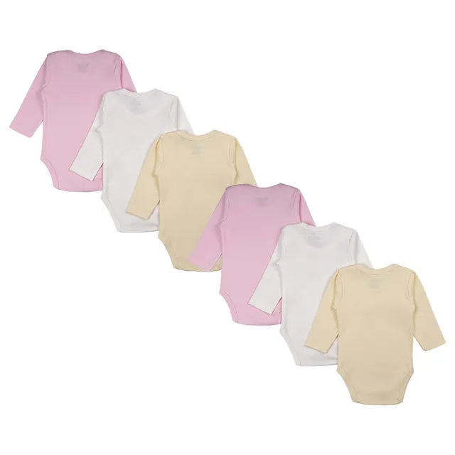 Babies Basic Long Sleeves Romper Bodysuit Pack of 6 - Pink, Lemon And Cream