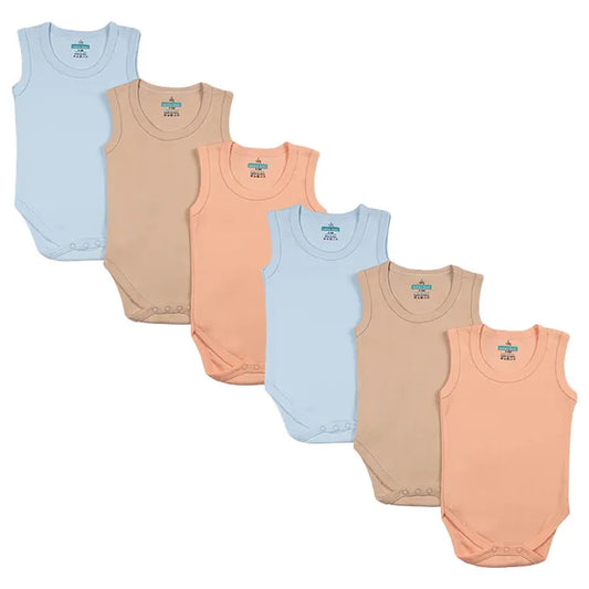 Babies Basic Sleeveless Romper Bodysuit Pack of 6 - Blue, Orange And Brown