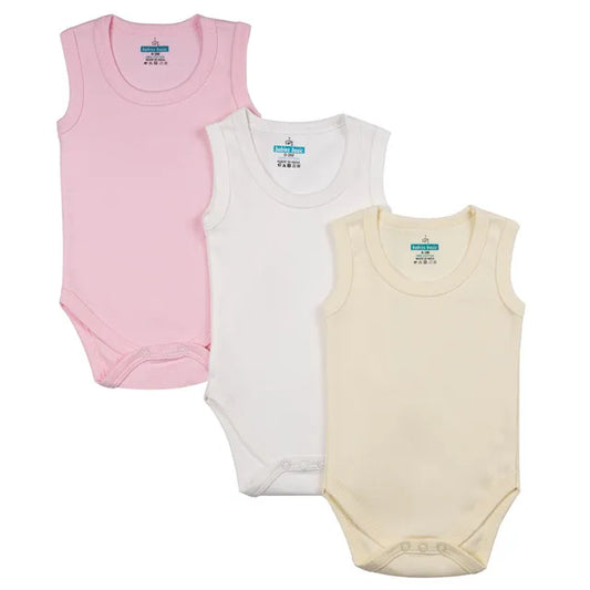 Babies Basic Sleeveless Romper Bodysuit Pack of 3 - Pink, Lemon And Cream