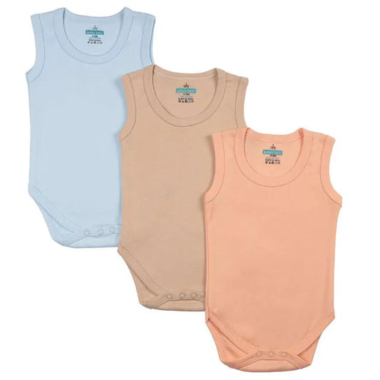 Babies Basic Sleeveless Romper Bodysuit Pack of 3 - Blue, Brown And Orange