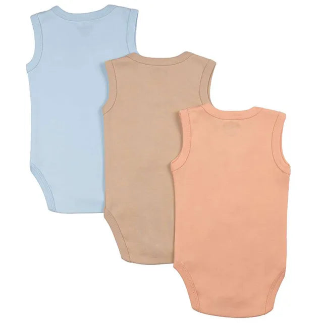 Babies Basic Sleeveless Romper Bodysuit Pack of 3 - Blue, Brown And Orange