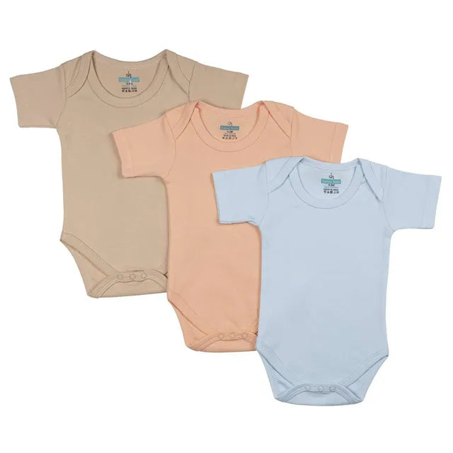 Babies Basic Short Sleeves Romper Bodysuit Pack of 3 - Blue, Brown And Orange