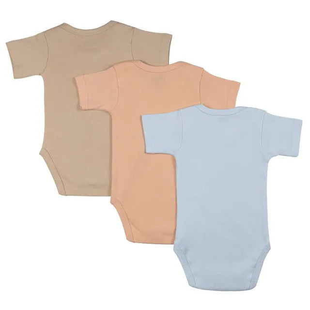 Babies Basic Short Sleeves Romper Bodysuit Pack of 3 - Blue, Brown And Orange